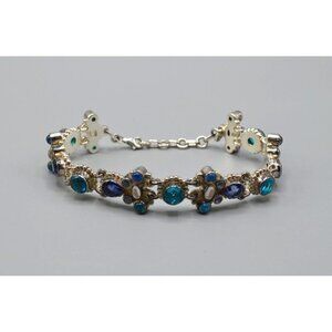 Sajen Blue Topaz Stone & Sterling Silver Link Chain Bracelet 925 Stamp 35.71g 9"